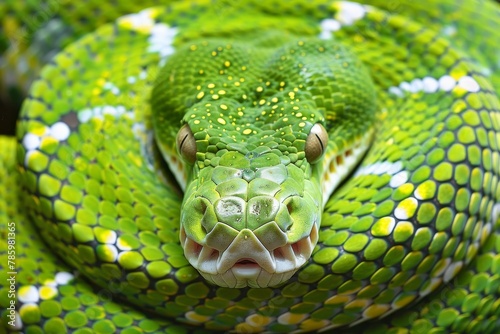Detailed close up of a vibrant green serpent in its lush and natural jungle habitat
