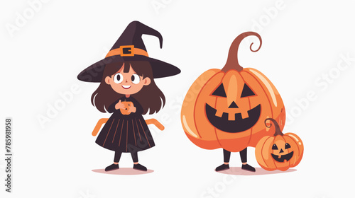 Little girl kid in witch costume holding big orange