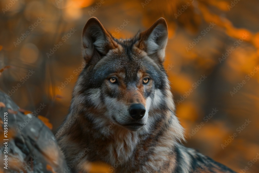 Close-up portrait of a wolf in the forest at sunset