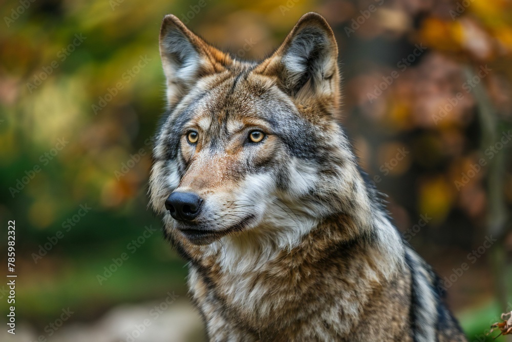Close-up portrait of a wolf in the autumn forest,  Wildlife scene from nature