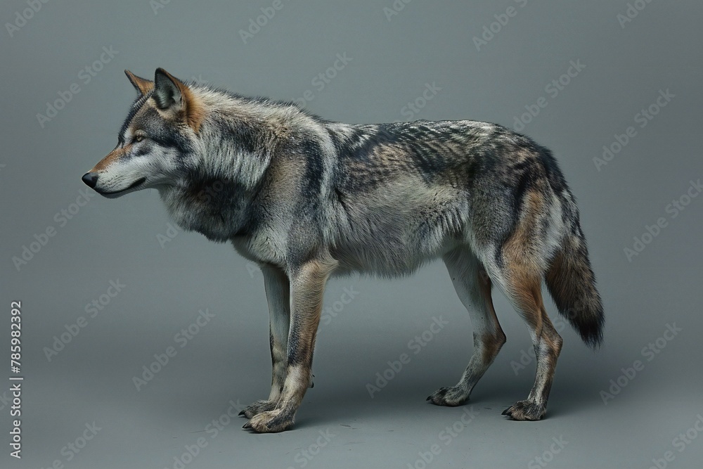 Portrait of a gray wolf on gray background,  Studio shot