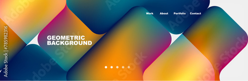 A liquid geometric background featuring colorful squares in tints and shades of azure and electric blue on a white backdrop. Circles, triangles, and slopes add a touch of technology