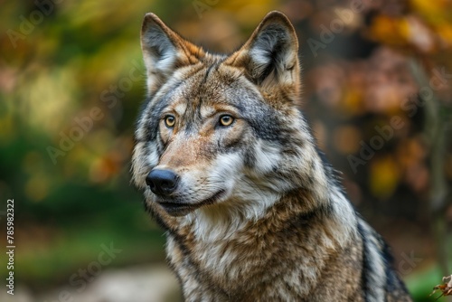 Close-up portrait of a wolf in the autumn forest, Wildlife scene from nature