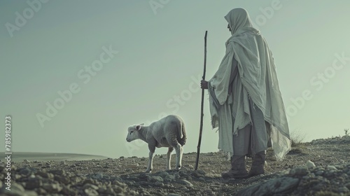 a pure white lamb standing next to a biblical looking shepherd in a white rob holding a staff,  ead idul adha, generative ai photo