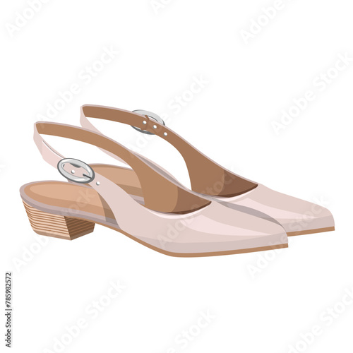 Women's beige open-toe low heel shoes, pair, isolated on white background.Vector illustration of women's shoes.