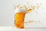 Beer splashing out of a glass with foam isolated on white background
