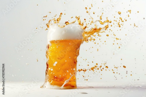 Beer splashing out of a glass with foam isolated on white background
