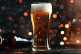 Glass of beer and bottle on dark background with bokeh effect