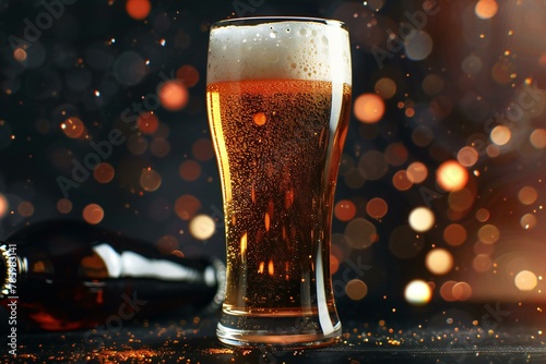 Glass of beer and bottle on dark background with bokeh effect