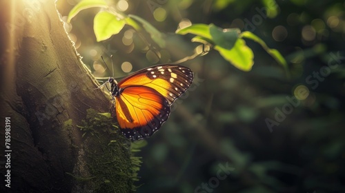 Colorful tropical background. bright orange monarch butterfly on a tree