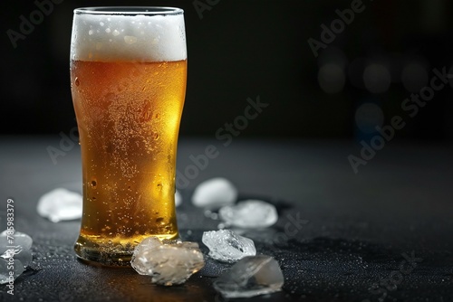 Glass of beer with ice cubes on dark background, close-up