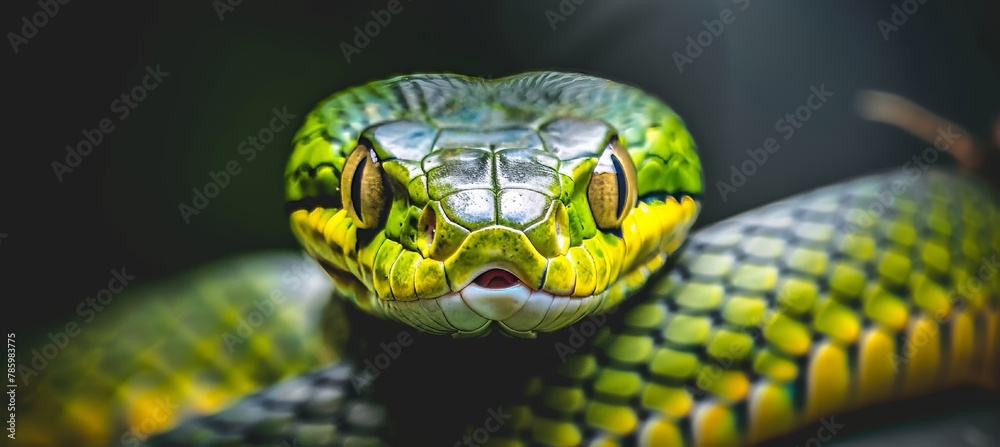 Detailed view of a vibrant emerald green snake in its natural lush jungle habitat Detailed view of a vibrant emerald green snake in its natural lush jungle habitat