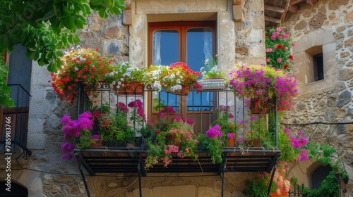 Flowers in Flower pot hanging on on traditional Balcony Fence  Spring Beautiful Balcony Flowers on Sunset