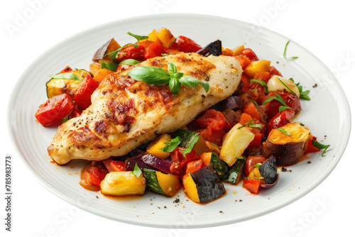 Plate with fried chicken breast served with ratatouille vegetables and tomato sauce .isolated on white background