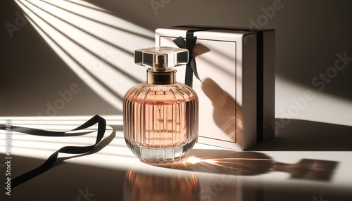 An elegant perfume bottle, with a clear glass structure filled with a rose-colored fragrance