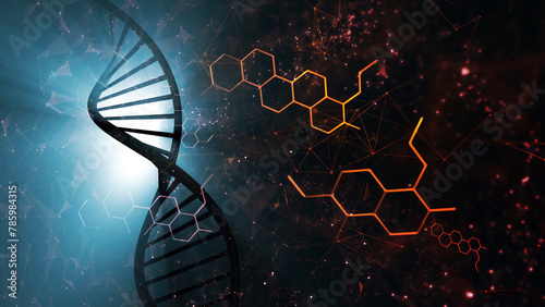 DNA cell strand with gold chemical elements. Dark background with shining glowing particles. Illustration. photo