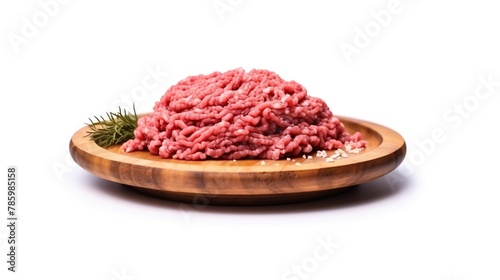 Fresh ground meat on wooden plate isolated on white background. 