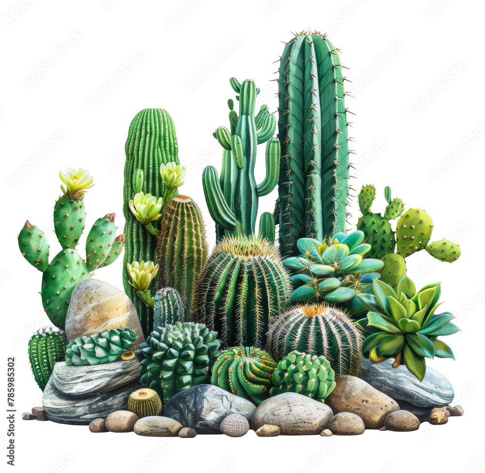 Lush cactus garden with blooming succulents on a stone platform isolated on transparent background Lush cactus garden with blooming succulents on a stone platform isolated on transparent background