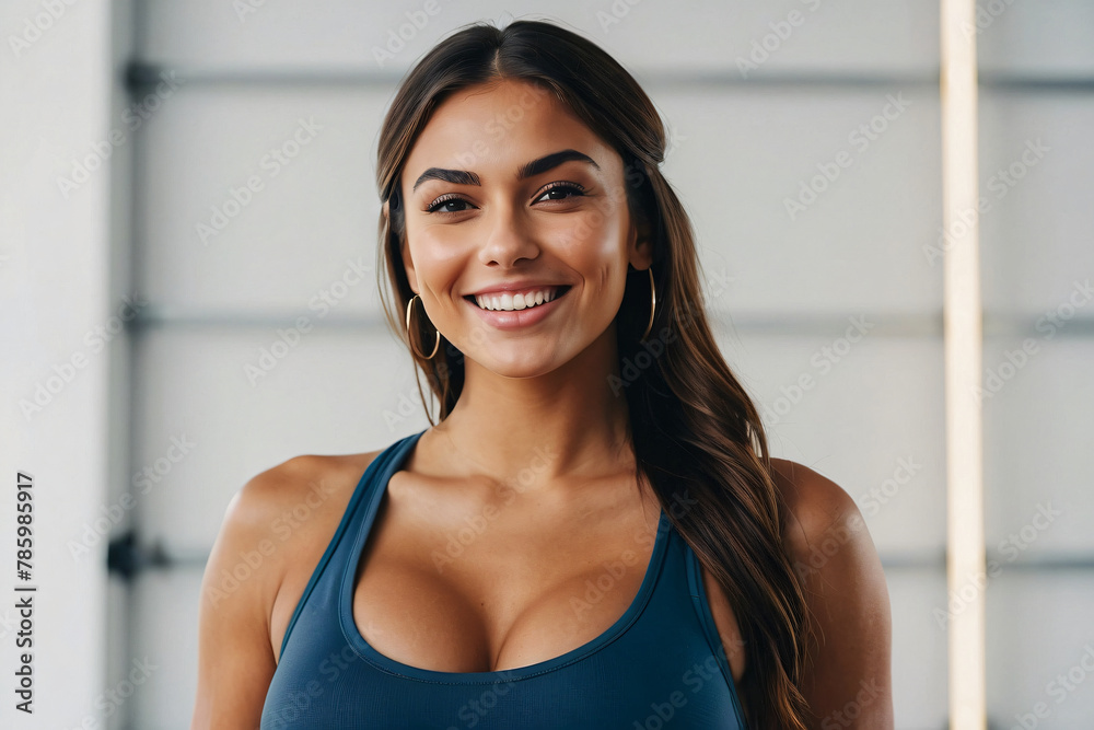 Gorgeous healthy and fit young woman wearing a sports bra is smiling towards the camera on a clean white background