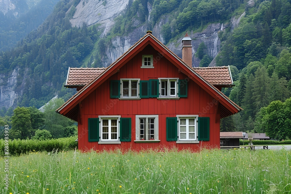 Traditional swiss manor red country house in switzerland with lush green surroundings Traditional swiss manor red country house in switzerland with lush green surroundings