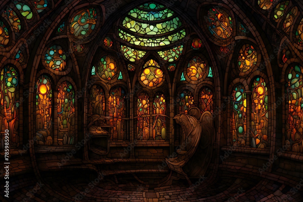Interior of a church stained glass window,  digitally rendered illustration