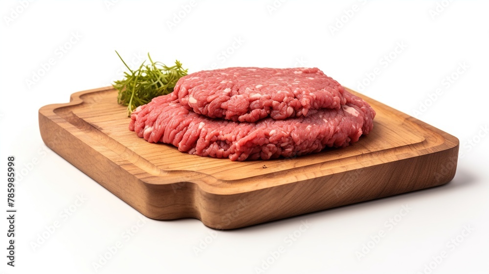 Fresh ground meat on wooden plate isolated on white background. Fresh ground meat on wooden plate isolated on white background.
