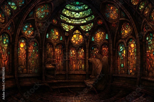 Interior of a church stained glass window, digitally rendered illustration