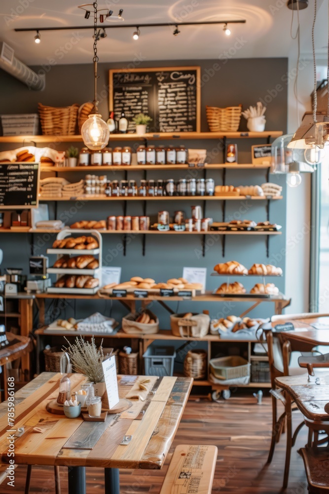 A cozy neighborhood café with wooden tables, chalkboard menus, and shelves stocked with pastries and artisanal bread, Generative AI A cozy neighborhood café with wooden tables, chalkboard menus, and shelves stocked with pastries and artisanal bread, Generative AI