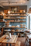 A cozy neighborhood café with wooden tables, chalkboard menus, and shelves stocked with pastries and artisanal bread, Generative AI