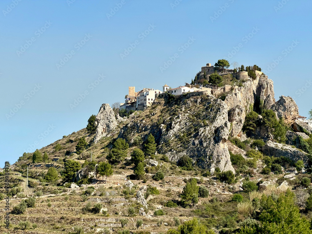 Panoramic view of Guadalest Castle in Alicante, Spain. A medieval village on the top of a hill.
