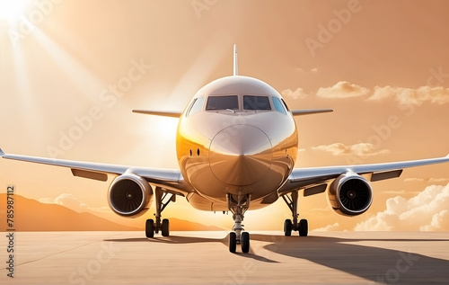 Commercial jet plane with sun background
