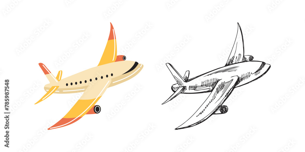 Fototapeta premium Cute hand drawn flying plane. Flat and outline black vector illustration isolated on white background. Doodle drawing.