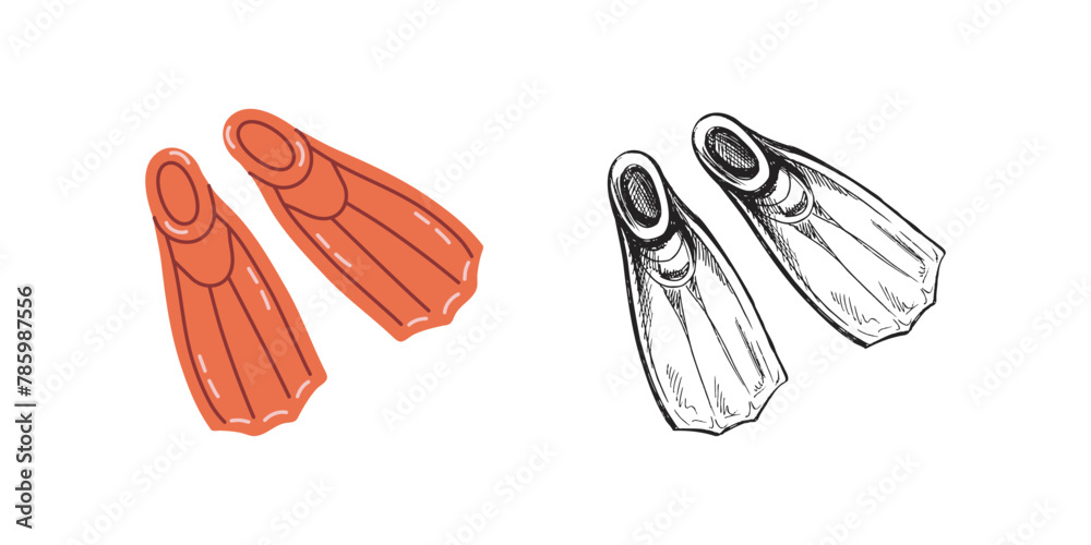 Cute hand drawn diving fins. Flat and outline black vector illustration isolated on white background. Doodle drawing. Cute hand drawn diving fins. Flat and outline black vector illustration isolated on white background. Doodle drawing.