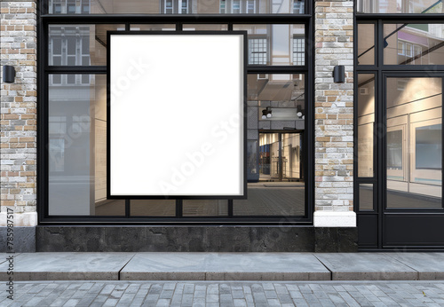 A blank billboard on the exterior of a modern building, set as an advertising template concept with a city street background. Generative AI