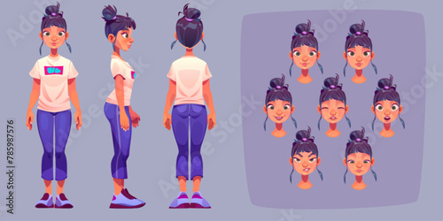 Woman character body cartoon design vector set. Female person side, front and back view creation isolated pack. Emotion expression with smile, surprised and sad face model animation constructor