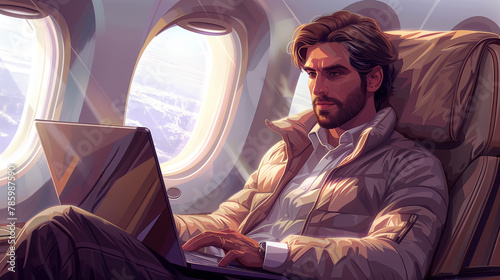 An illustration of a man using a laptop in an airplane cabin, with a stylized graphic, set against a window view background, depicting travel and work concept. Generative AI