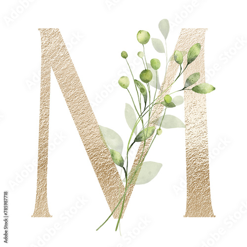 Gold letter M with watercolor leaves, leaf. Floral alphabet, golden monogram initial perfectly for birthday, wedding invitations, greeting card, logo, poster and other design. Hand painting.