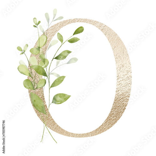 Gold letter O with watercolor leaves, leaf. Floral alphabet, golden monogram initial perfectly for birthday, wedding invitations, greeting card, logo, poster and other design. Hand painting.