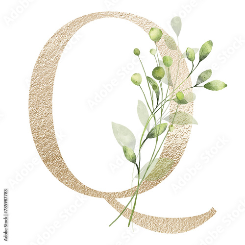 Gold letter Q with watercolor leaves, leaf. Floral alphabet, golden monogram initial perfectly for birthday, wedding invitations, greeting card, logo, poster and other design. Hand painting.