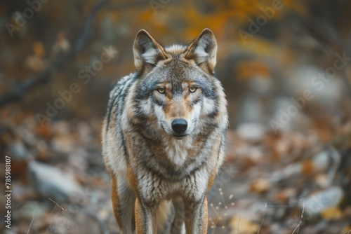 Grey wolf  Canis lupus  in the autumn forest