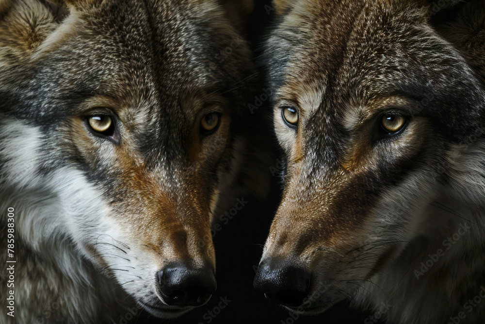 Two wolf heads on a black background,  Close-up portrait