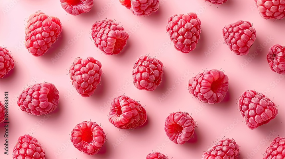 Sweet pattern of succulent raspberries on a blush pink background, rendered in a soft pastel style. Sweet pattern of succulent raspberries on a blush pink background, rendered in a soft pastel style.
