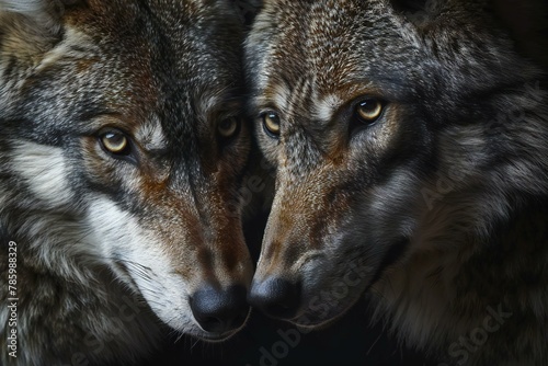 Two wolf heads on a dark background  close-up  portrait