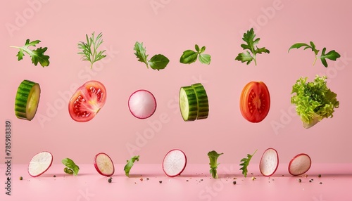Fresh and colorful salad ingredients on pink background arugula, lettuce, radish, and tomato