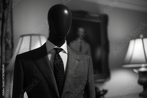 A mannequin wears an intricately tailored dress. Reflecting timeless elegance and sophistication. photo