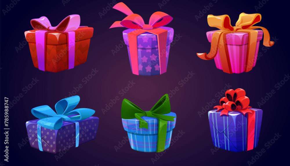 Game gift box icon. Ui birthday present cartoon vector. Bonus package with ribbon. Mystery closed reward set with treasure. Isolated 2d lottery giftbox with bow for xmas celebration interface design. - obrazy, fototapety, plakaty 