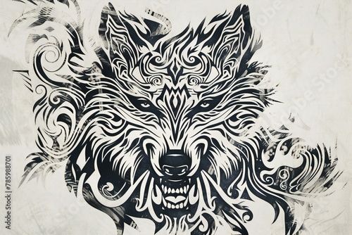 Tribal wolf head tattoo on old paper texture background, street art