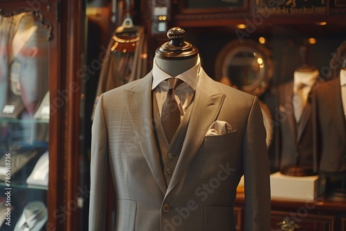 A mannequin wears an intricately tailored dress. Reflecting timeless elegance and sophistication.