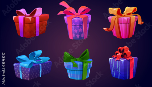 Game gift box icon. Ui birthday present cartoon vector. Bonus package with ribbon. Mystery closed reward set with treasure. Isolated 2d lottery giftbox with bow for xmas celebration interface design.
