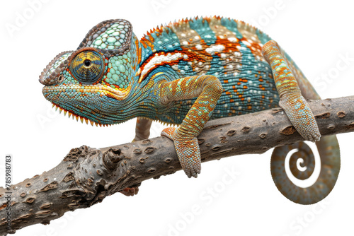 Vibrant chameleon on branch isolated on transparent background